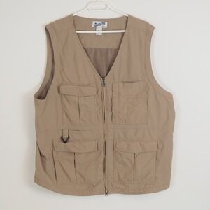 Duluth Trading Co Mens XL Khaki Utility Vest Fishing Hiking Travel Cargo Vented